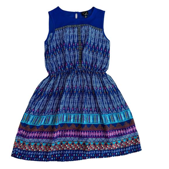 Hearts Monteau Girls Blue Geometric  Ikat Sleeveless Elastic Waist Dress 10 - Picture 1 of 3